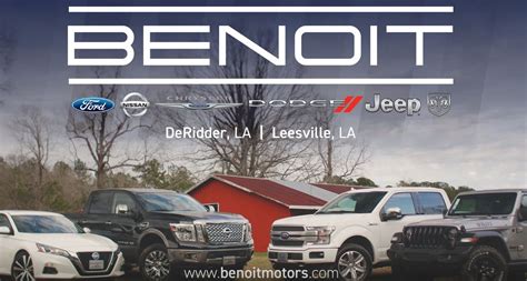 Benoit ford - Benoit Ford 18982 Johnny B. Hall Memorial Hwy. Directions DeRidder, LA 70634. Sales: (337) 462-5497; Service: (337) 462-5497; Parts: (337) 462-5497; Home; New New Inventory. New Ford Inventory Research Models Featured New Vehicles Commercial Vehicles Shop By Model. Used Pre-Owned Inventory. Pre-Owned Inventory Pre-Owned …